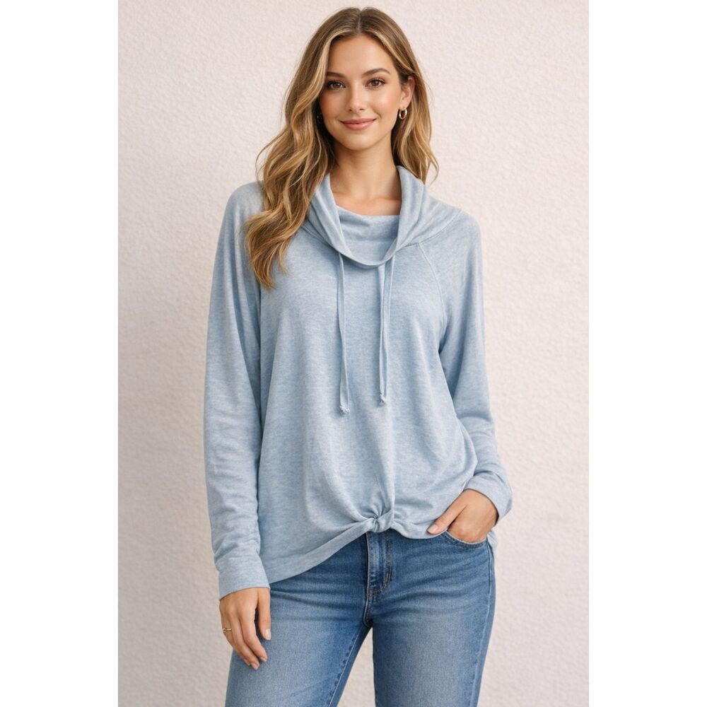 Signature Studio Women Light Blue Cowl Neck Pullover Top Long Sleeve Tie Front L